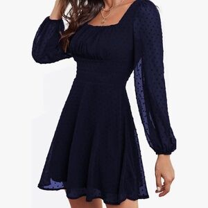 Women's Polka Dots Square Neck A line Long Sleeve Swiss Dots Mini Dress